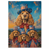 Mother Cocker Spaniel and Three Puppies in Patriotic Outfits Among Wildflowers on Ready to Hang 1.5" Thick Canvas Wrap, Floating Framed Canvas, Flat Rolled Canvas